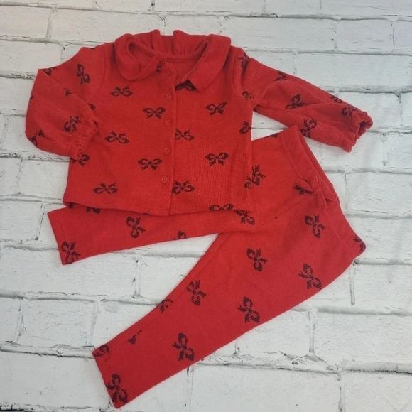 3-6MRed and Black Bow Cardigan Pant Set Unisex Kids Clothes Matching Holiday - Picture 4 of 11